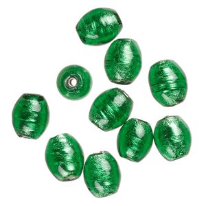 Bead, lampworked glass, opaque green, 13x10mm-10x9mm oval with silver-colored foil. Sold per pkg of 10.