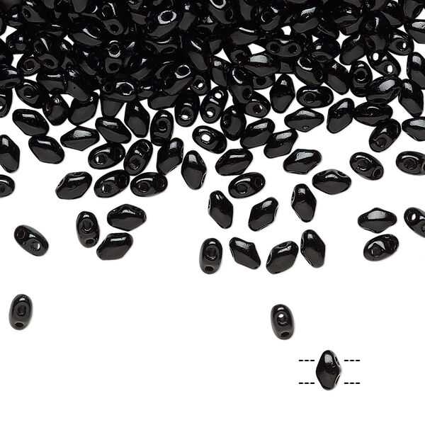 Bead, Preciosa Mini Twin™, Mini Pressed Twin, Czech pressed glass, opaque black, 4x2.5mm oval with (2) 0.7mm holes. Sold per 10-gram pkg. image number 0