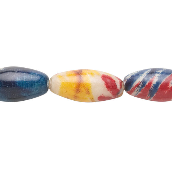 Bead, fabric-covered wood (coated), multicolored, 30x15mm oval. Sold per pkg of 7. image number 0