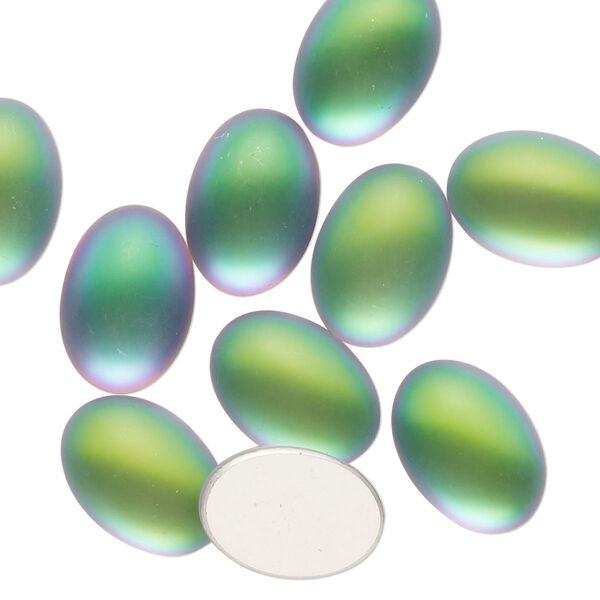 Cabochon, glass, opaque matte green AB, 14x10mm non-calibrated oval. Sold per pkg of 10. image number 0