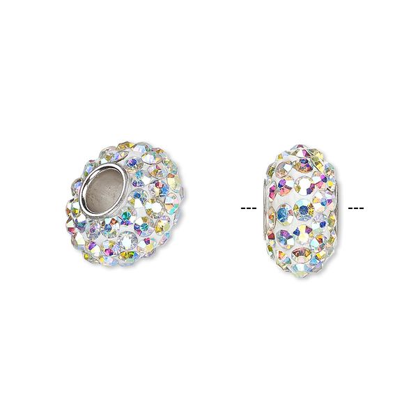 Bead, Dione®, Czech glass rhinestone / epoxy / imitation rhodium-plated brass grommet, white and clear AB, 13x8mm-14x8mm rondelle. Sold individually. image number 0