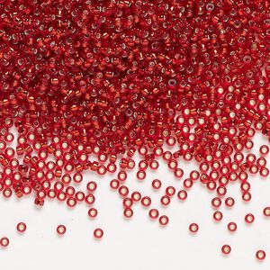 Seed bead, Miyuki, glass, pkg/35g, #15 rocaille, transparent silver-lined ruby red (RR-11).