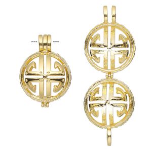 Drop, gold-finished "pewter" (zinc-based alloy), 28x21mm round bead cage with cutout design, fits up to 17mm bead. Sold individually.