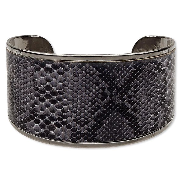 Bracelet, cuff, imitation leather and gunmetal-plated steel, black and grey, 42mm wide with snakeskin pattern, 8 inches. Sold individually. image number 0