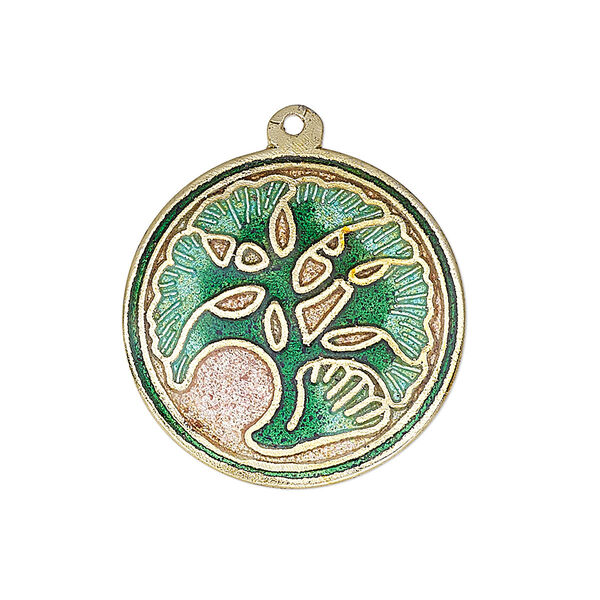 Drop, enamel and gold-finished brass, light green / dark green / pink, 25-26mm single-sided flat round with ginkgo design. Sold per pkg of 2. image number 0