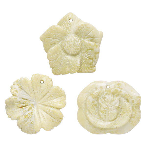 Drop mix, peridot new "jade" (serpentine) (natural), 30x25mm-30x30mm top-drilled carved flower, B- grade, Mohs hardness 2-1/2 to 6. Sold per pkg of 3. image number 0