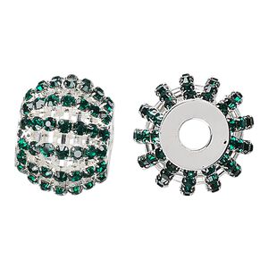 Bead, glass rhinestone and silver-finished brass, emerald green, 25x20mm barrel with 3mm chatons, 6.5mm hole. Sold individually.