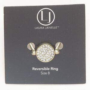 Ring 1pkg1 antique gold-finished brass and copper / glass rhinestone, clear, 13mm 2-sided reversible round with hammered back, size 8.