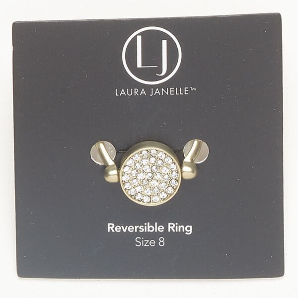 Ring 1pkg1 antique gold-finished brass and copper / glass rhinestone, clear, 13mm 2-sided reversible round with hammered back, size 8. image number 0