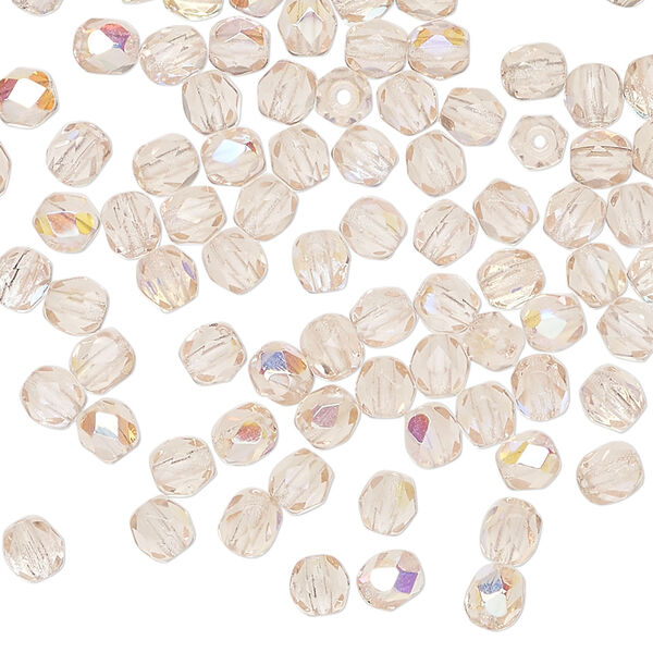 Bead 1pkg100, Czech fire-polished glass, light rose AB, 4mm faceted round. image number 0