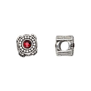 Bead, Dione®, antique silver-plated pewter (tin-based alloy) and crystal rhinestone, garnet red, 10mm double-sided round. Sold individually.