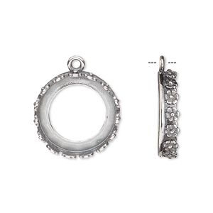 Drop, JBB Findings, antique silver-plated brass, 18mm round with open back and flower design trim, 16mm round bezel setting. Sold per pkg of 2.
