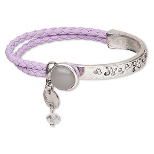 Bracelet, glass rhinestone / imitation leather / resin / antique silver-plated "pewter" (zinc-based alloy), purple / grey / clear, 14mm wide, 7 inches with button clasp. Sold individually.