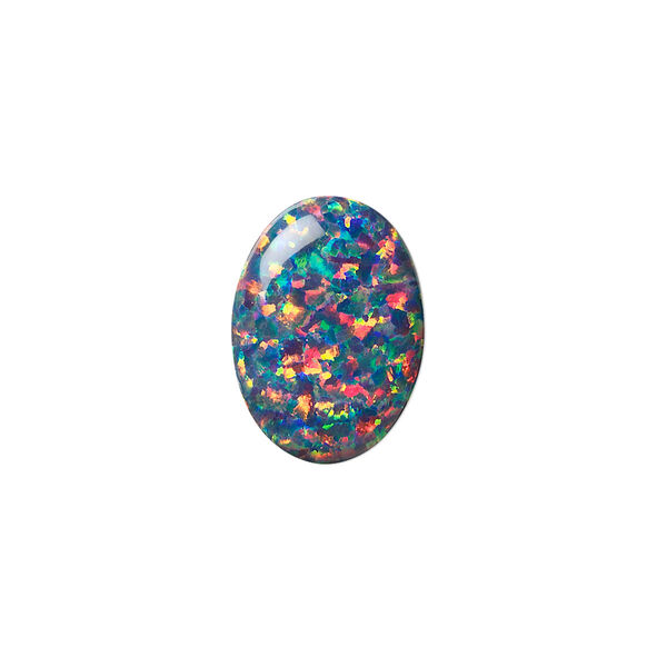 Cabochon, "opal" (silica and epoxy) (man-made), multicolored, 18x13mm calibrated oval. Sold individually. image number 0