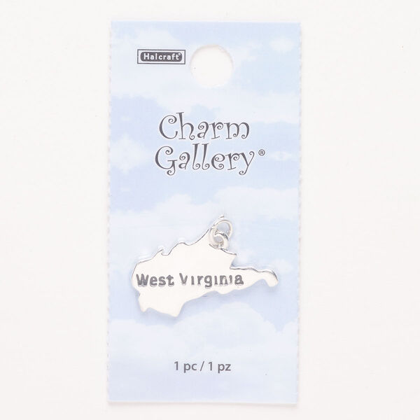 Charm, steel and enamel, pkg/1, silver finish and black, 27x18mm with "West Virginia." image number 0