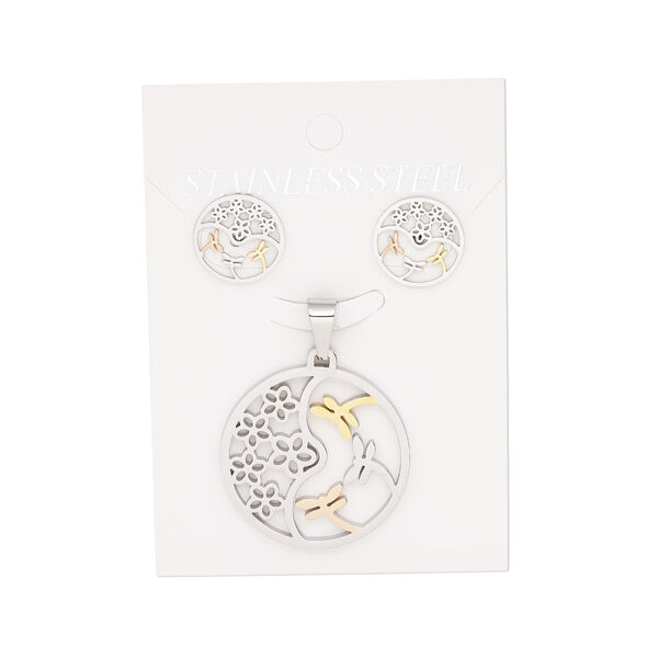Pendant and earring, stainless steel / copper-plated / gold-finished stainless steel, 32mm round pendant with cutout flower and dragonfly, 15mm round with cutout flower and dragonfly with post. Sold per set. image number 0