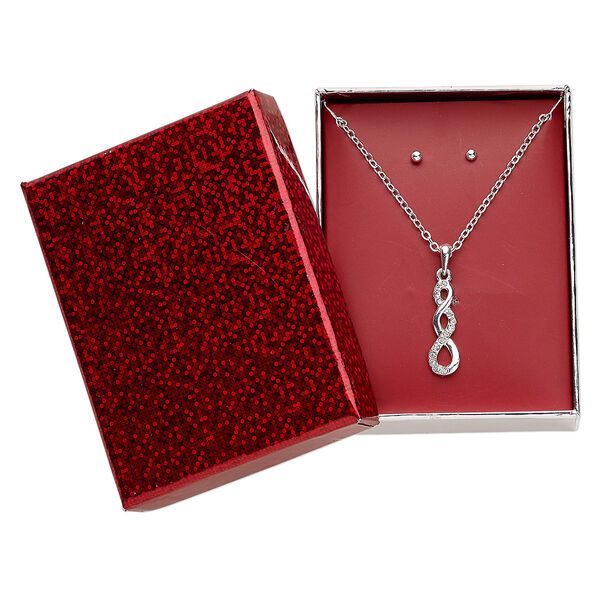 Necklace and earring set, glass rhinestone with silver-finished steel and "pewter" (zinc-based alloy), clear, 25x8mm triple swirl, 15" to 16" necklace with 3-inch extender chain and lobster claw clasp, 3mm round with post. Sold per set. image number 0