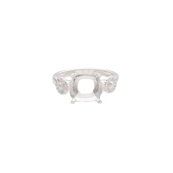 Ring, sterling silver, 10mm band with flower design and open back with 10mm cushion fancy stone 4-prong setting, size 7. Sold individually. image number 0