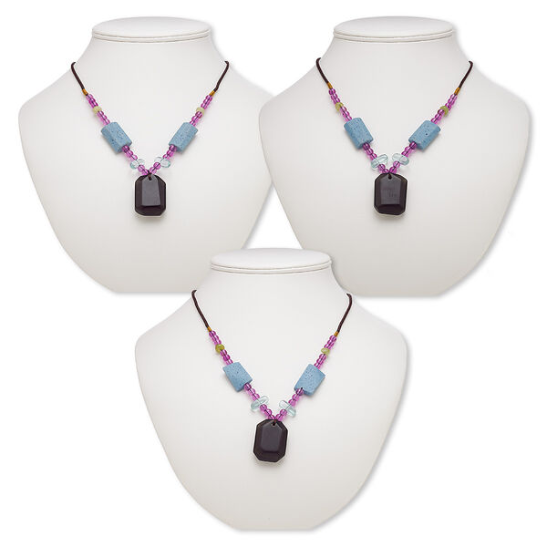 Necklace, blackstone / Malaysia "jade" (dyed) / nylon / acrylic / glass, multicolored, 33x25mm-34x25mm faceted rectangle, 20- to 24-inch continuous loop. Sold per pkg of 3. image number 0