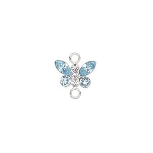 Link, crystals and sterling silver, crystal clear/aquamarine, 12x8mm butterfly. Sold individually.