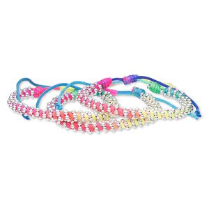 Bracelet mix, nylon and silver-coated plastic, multicolored, 8mm wide, adjustable from 6 to 8-1/2 inches with wrapped knot closure. Sold per pkg of 3.
