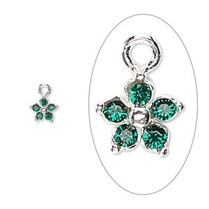 Charm, Preciosa crystal and sterling silver, emerald green, 6mm single-sided flower. Sold per pkg of 2.