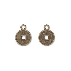 Charm, antique brass-plated "pewter" (zinc-based alloy), 10mm Chinese coin replica. Sold per pkg of 100.