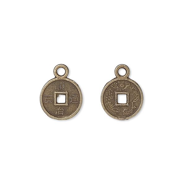 Charm, antique brass-plated "pewter" (zinc-based alloy), 10mm Chinese coin replica. Sold per pkg of 100. image number 0
