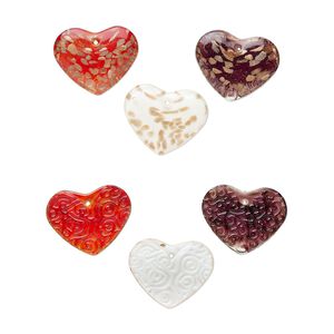 Random focal mix, lampworked glass, mixed colors, 52x42mm-53x43mm domed heart with carved back, copper-colored glitter and silver-colored foil. Sold per pkg of 3.