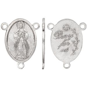 Connector, antiqued pewter (tin-based alloy), 23x16mm two-sided oval rosary with Jesus Divine Mercy and "Pray for us." Sold individually.