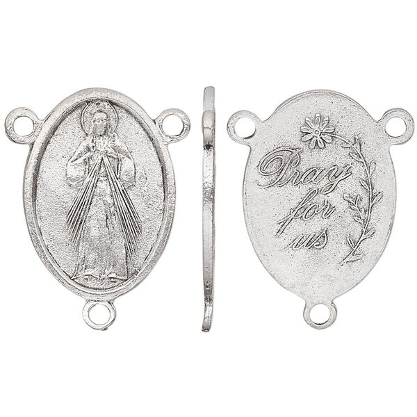Connector, antiqued pewter (tin-based alloy), 23x16mm two-sided oval rosary with Jesus Divine Mercy and "Pray for us." Sold individually. image number 0