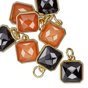 Drop, Charmed, resin with gold-finished steel and "pewter" (zinc based alloy), orange and black, 12mm faceted square. Sold per pkg of 8.