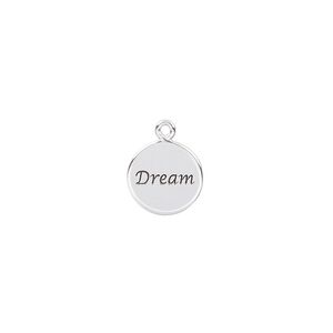 Drop, enamel and sterling silver, black, 10mm single-sided round with "Dream." Sold individually.
