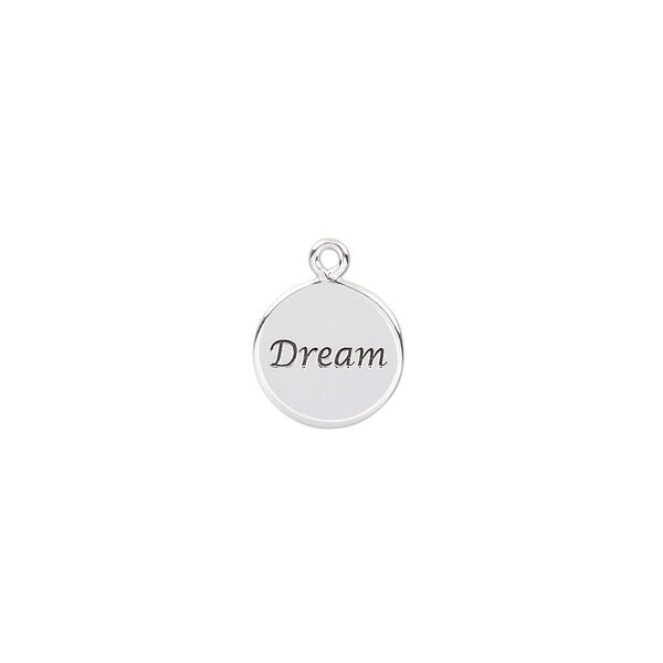 Drop, enamel and sterling silver, black, 10mm single-sided round with "Dream." Sold individually. image number 0