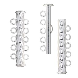Clasp slide lock 1pkg4 silver-plated, 31x6mm corrugated round tube, brass 5-strand
