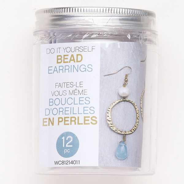 Earring starter kit, steel / glass pearl / glass, pkg/1, antique gold finish / blue / white. image number 0