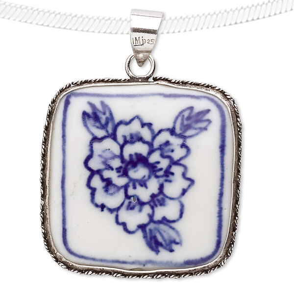 Pendant, sterling silver and porcelain, blue and white, 40x29mm square. Sold individually. image number 0