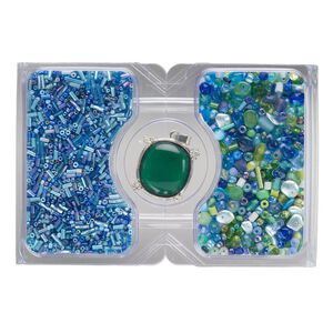 Pendant and bead mix, silver-finished "pewter" (zinc-based alloy) and glass, opaque to transparent multi-blue and multi-green, 28x24mm oval and 15/0 to 10mm mixed shapes. Sold per 100-gram pkg, approximately 750 beads.