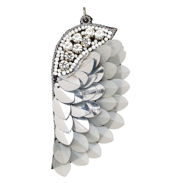 Focal, velveteen / acrylic / steel, clear, silver and white, 3x1-2/3-inch single-sided wing. Sold individually. image number 0
