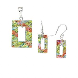 Pendant and earring set, sterling silver and dichroic glass, yellow/orange, 43x22mm open rectangle pendant, 35x10mm open rectangle earrings. Sold per set.