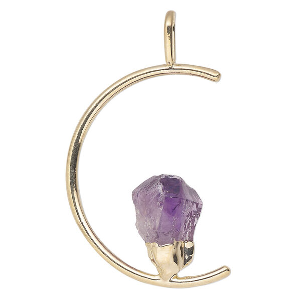 Pendant, Everyday Jewelry, gold-plated brass and amethyst (natural), 45x23mm-47x25mm open half round. Sold individually. image number 0