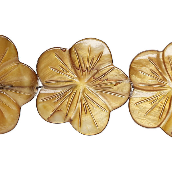 Bead, mother-of-pearl shell (dyed), golden brown, 24x23mm-26x25mm carved flat flower with 0.6-0.8mm hole, Mohs hardness 3-1/2. Sold per 15-1/2" to 16" strand. image number 0