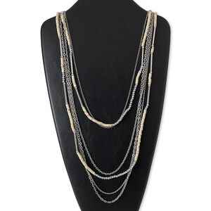 Necklace, stained wood / silver-coated plastic / imitation rhodium-plated steel / brass, tan, flat round, 32 inches with 2-inch extender chain and lobster claw clasp. Sold individually.