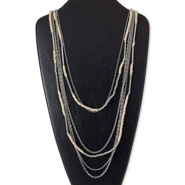 Necklace, stained wood / silver-coated plastic / imitation rhodium-plated steel / brass, tan, flat round, 32 inches with 2-inch extender chain and lobster claw clasp. Sold individually. image number 0
