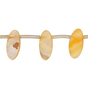 Bead, mother-of-pearl shell (dyed), orange, 15x5mm-16x7mm top-drilled flat oval, Mohs hardness 3-1/2. Sold per 14-inch strand, approximately 25 beads.