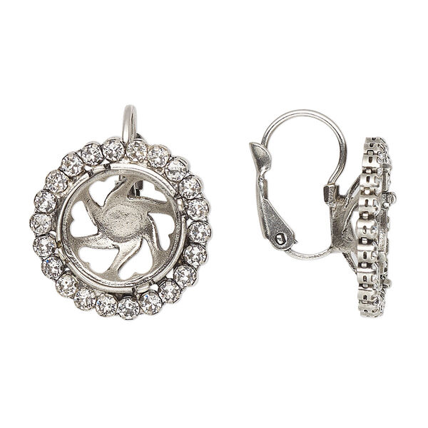 Ear wire, JBB Findings and crystals, antique silver-plated brass, crystal clear, 20mm leverback with 12mm rivoli glue-in setting. Sold per pair. image number 0