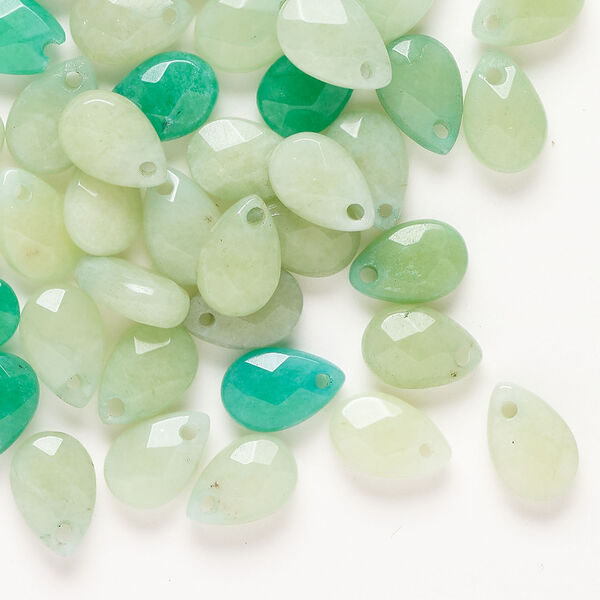 Drop 1pkg1oz, glass, green / light green / dark green, 12x8mm top-drilled faceted puffed teardrop. image number 0
