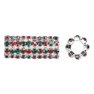 Bead, glass rhinestone and silver-finished brass, ruby red and emerald green, 32x13mm cylinder with 3mm chatons, 7.5mm hole. Sold individually.