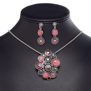 Necklace and earring set, enamel / resin / glass rhinestone / imitation rhodium-plated steel / brass / "pewter" (zinc-based alloy), rose / dark rose / clear, 57x44mm spider web, 18-inch necklace with 2-inch extender chain and lobster claw clasp, 40mm earrings with post. Sold per set.