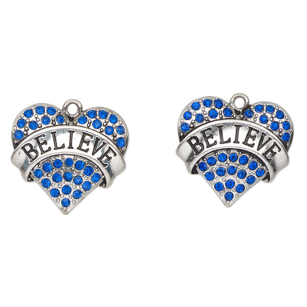 Charm, antique silver finish enamel "pewter" (zinc-based alloy) and glass, cobalt blue and black, 24x23mm heart with "Believe". Sold per pkg of 2. image number 0